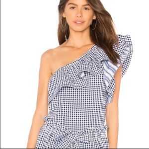 Misa Los Angeles Blue White Gingham Ruffle Sleeve One Shoulder Blouse